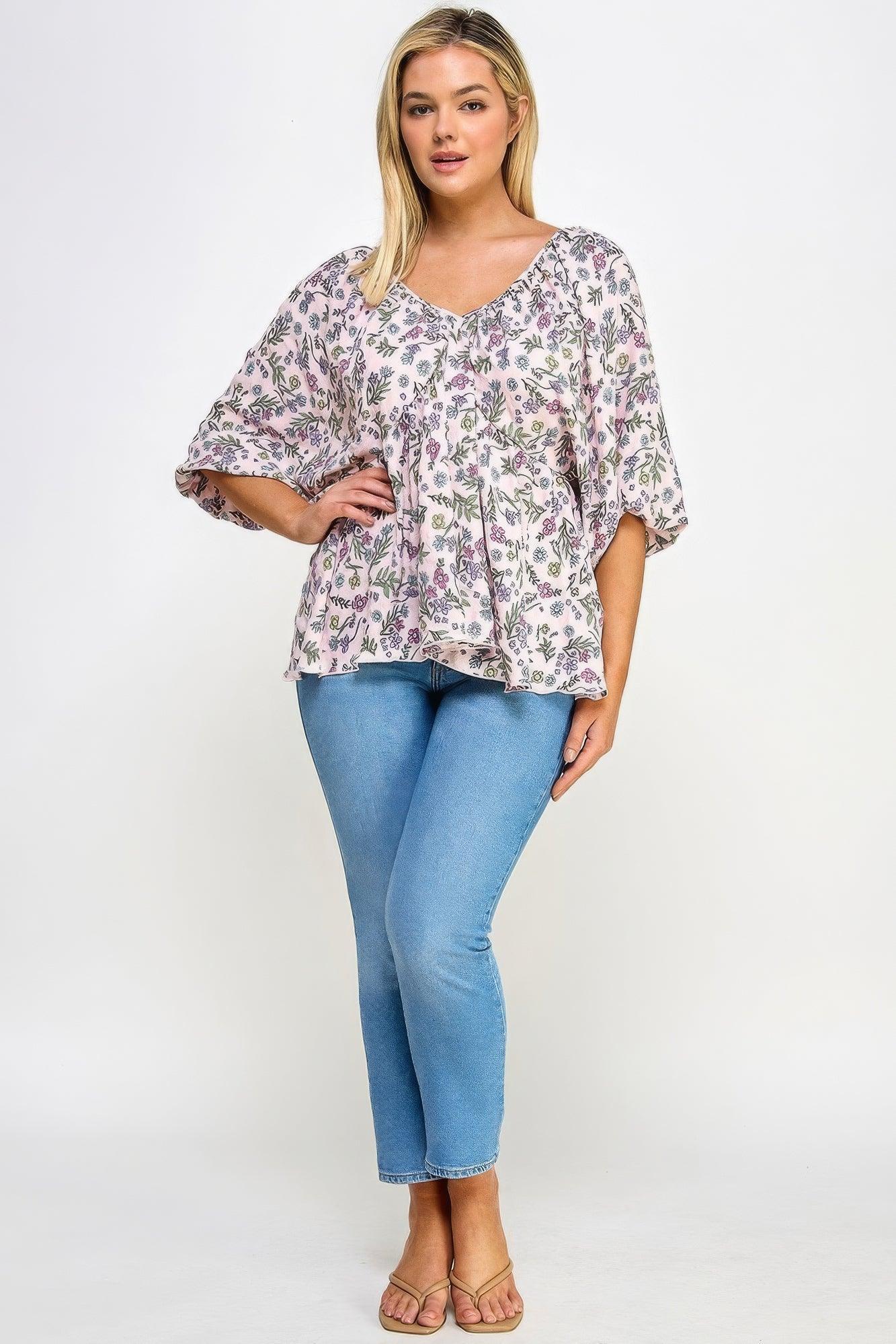 Floral V-neck Babydoll Balloon Slv Top | Mixtshop LLC