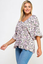Floral V-neck Babydoll Balloon Slv Top | Mixtshop LLC