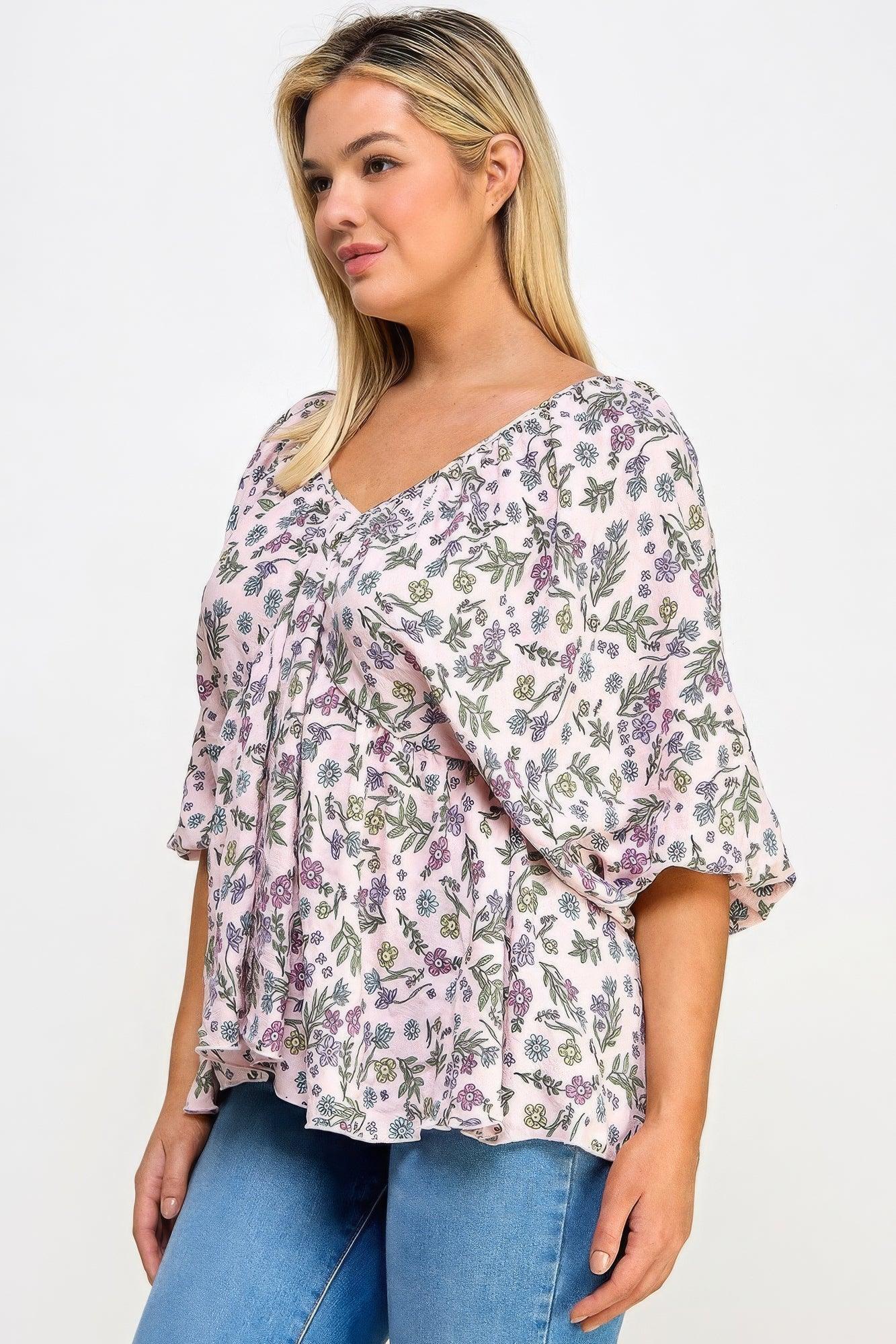 Floral V-neck Babydoll Balloon Slv Top | Mixtshop LLC