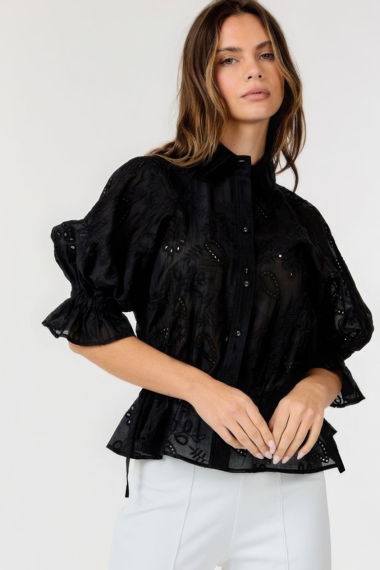Button-down Collar Neck Embroidered Top | Mixtshop LLC
