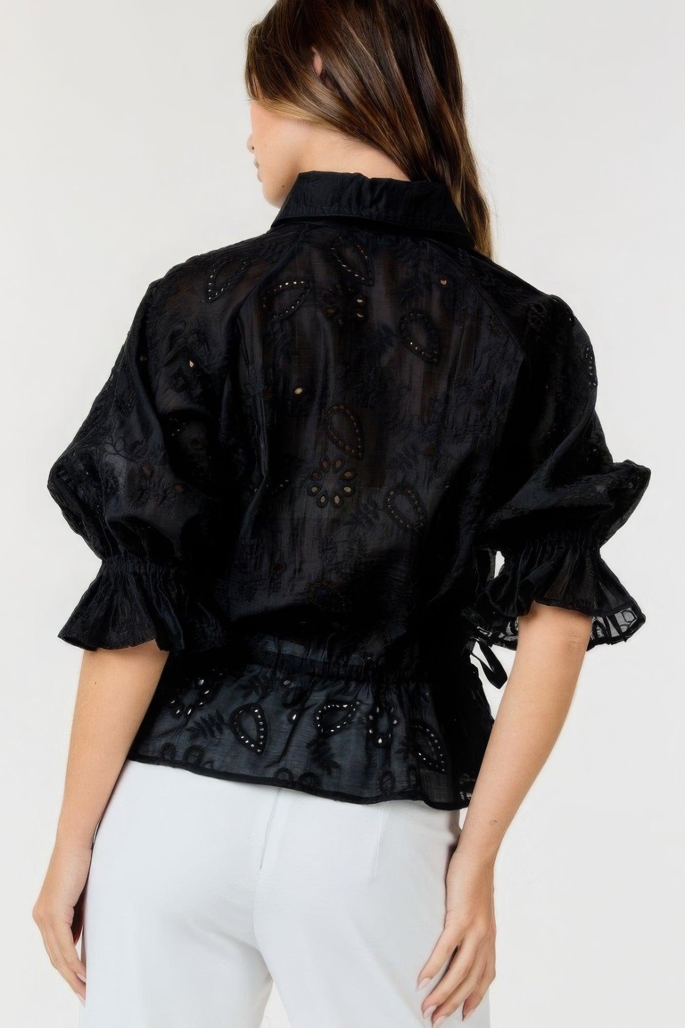 Button-down Collar Neck Embroidered Top | Mixtshop LLC