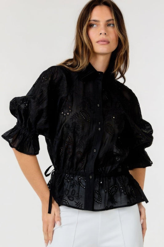 Button-down Collar Neck Embroidered Top | Mixtshop LLC