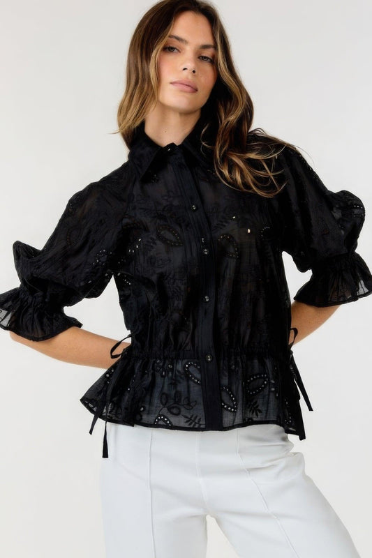 Button-down Collar Neck Embroidered Top | Mixtshop LLC