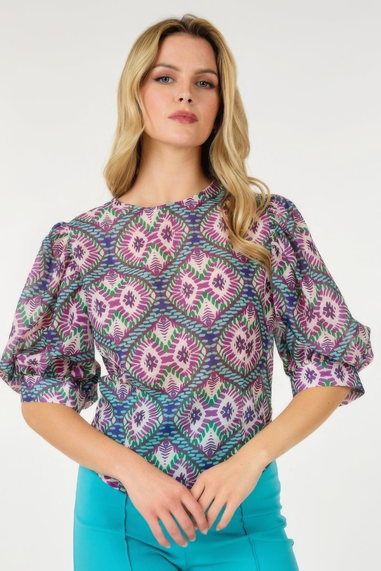 Puff Sleeve Multi-print Top | Mixtshop LLC Main image