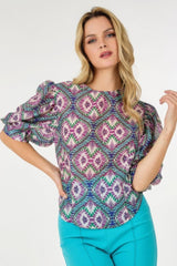 Puff Sleeve Multi-print Top | Mixtshop LLC