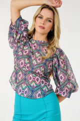 Puff Sleeve Multi-print Top | Mixtshop LLC