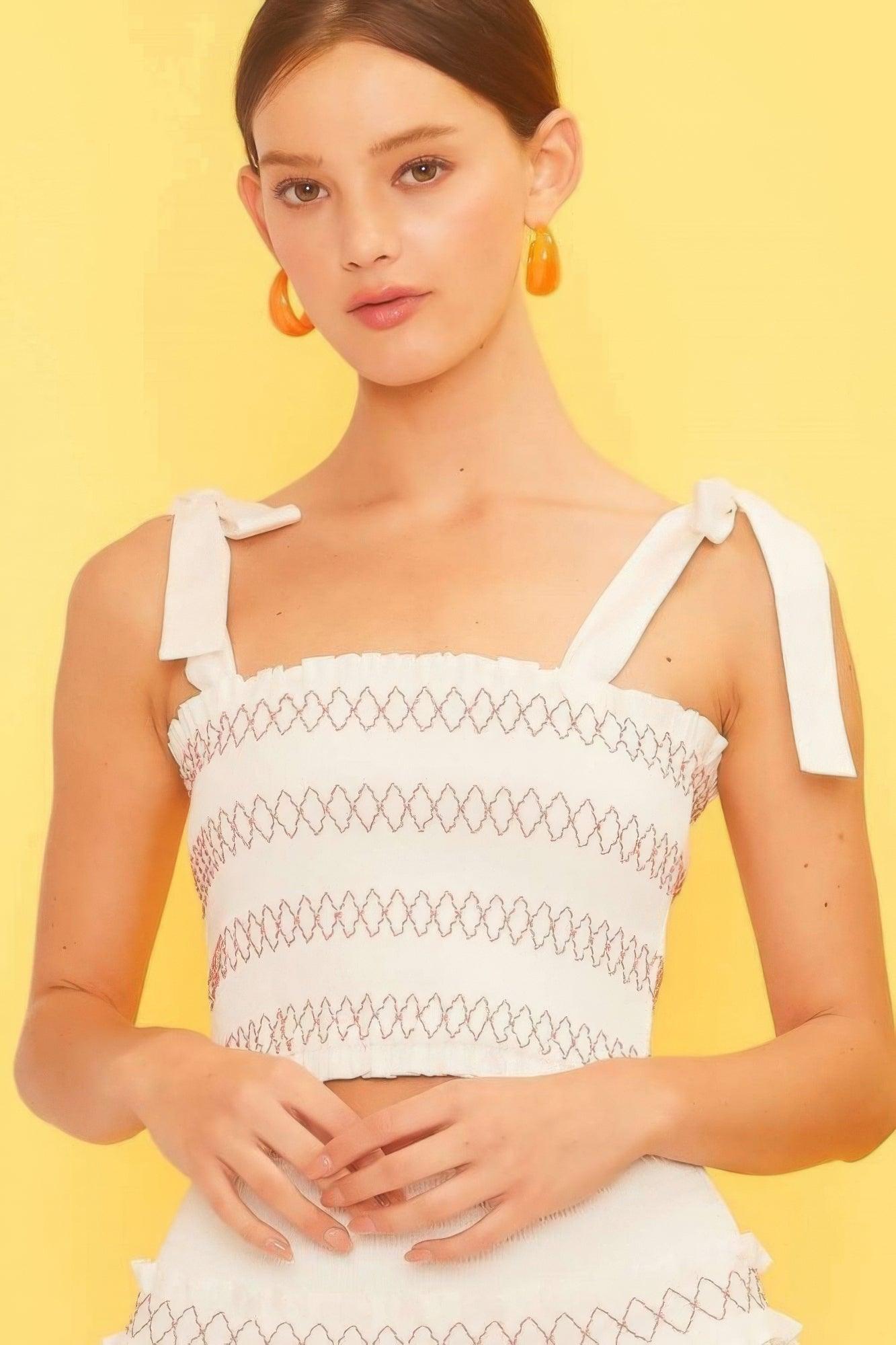 Self Tie Shoulder Smocking Ruffle Crop Top | Mixtshop LLC