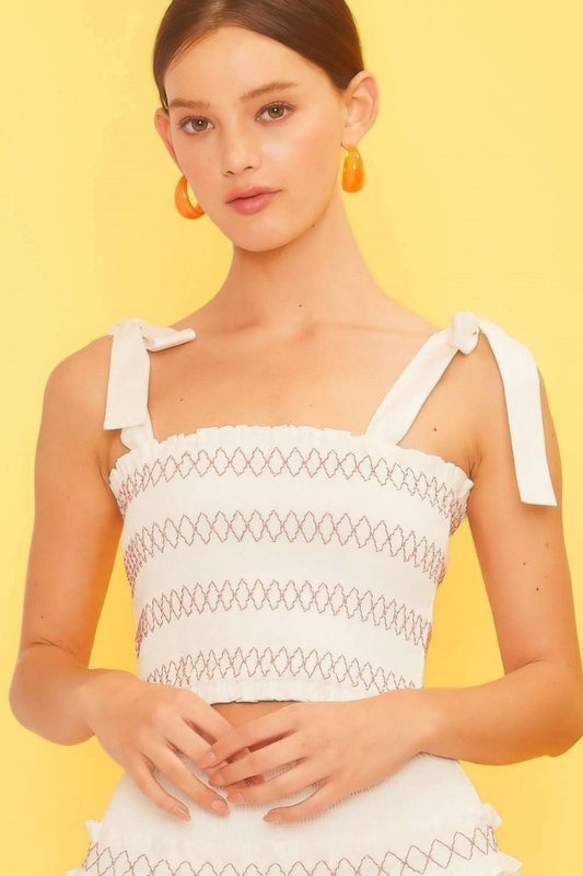 Self Tie Shoulder Smocking Ruffle Crop Top | Mixtshop LLC