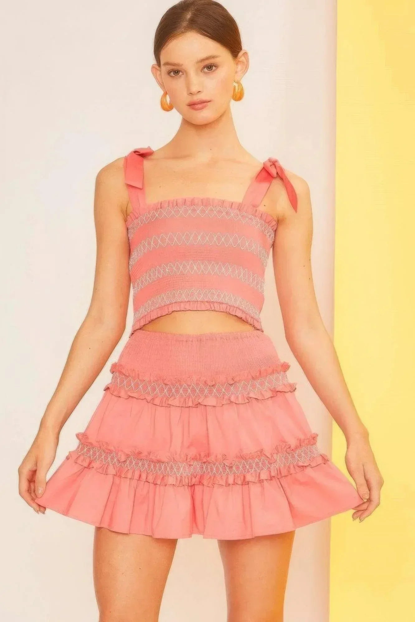 Waist Smocking Ruffle And Shirring Mini Skirt | Mixtshop LLC