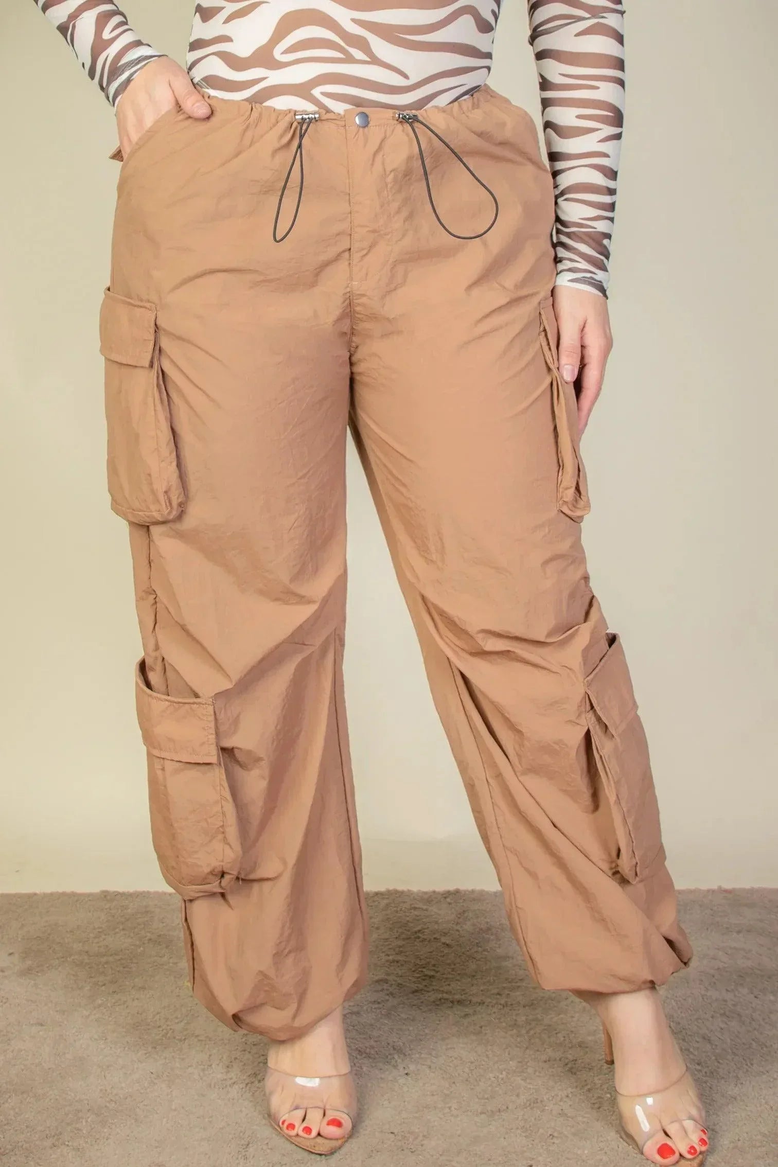 Plus Size Flap Pockets Drawstring Ruched Parachute Pants | Mixtshop LLC Main image