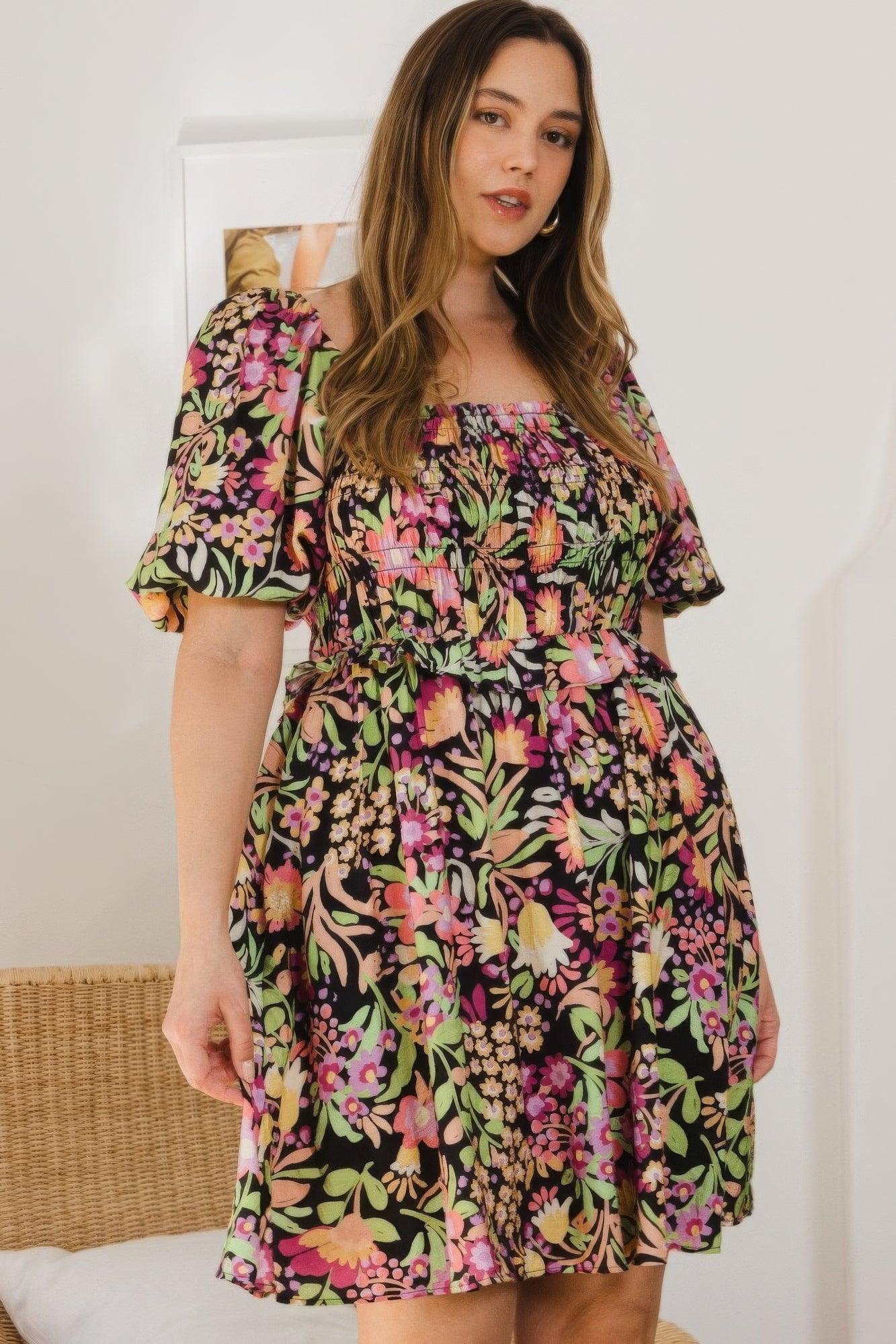 Plus Floral Printed Center Tie-back Mini Dress | Mixtshop LLC