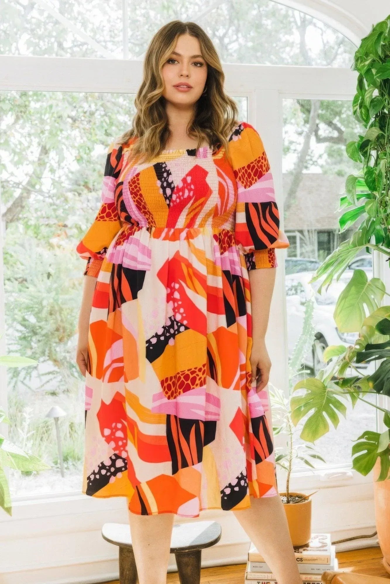 Plus Floral Print Square Neckline Midi Dress | Mixtshop LLC Main image