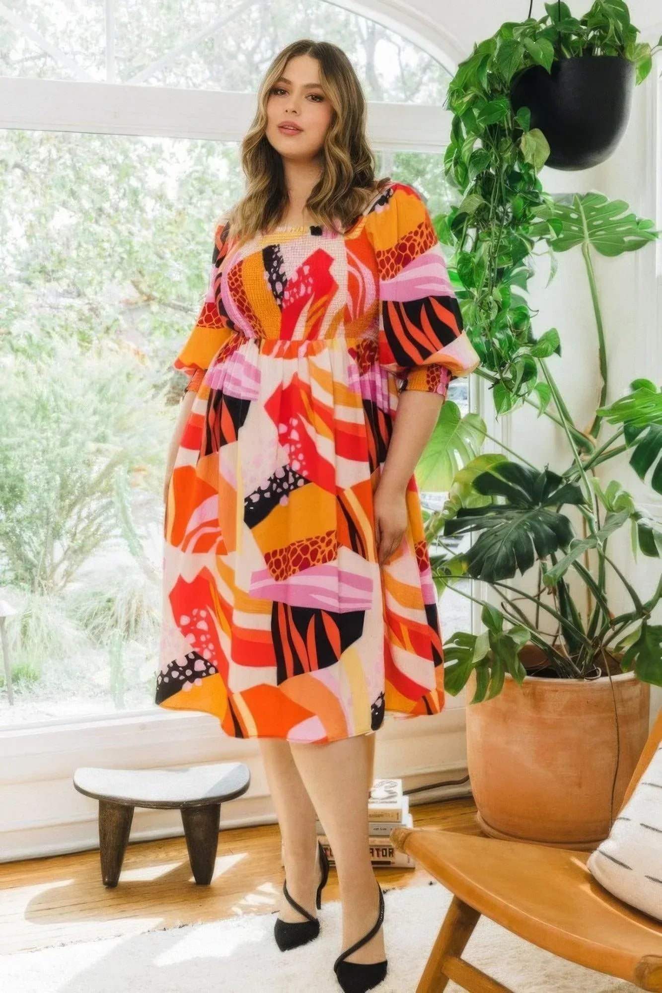 Plus Floral Print Square Neckline Midi Dress Secondary image