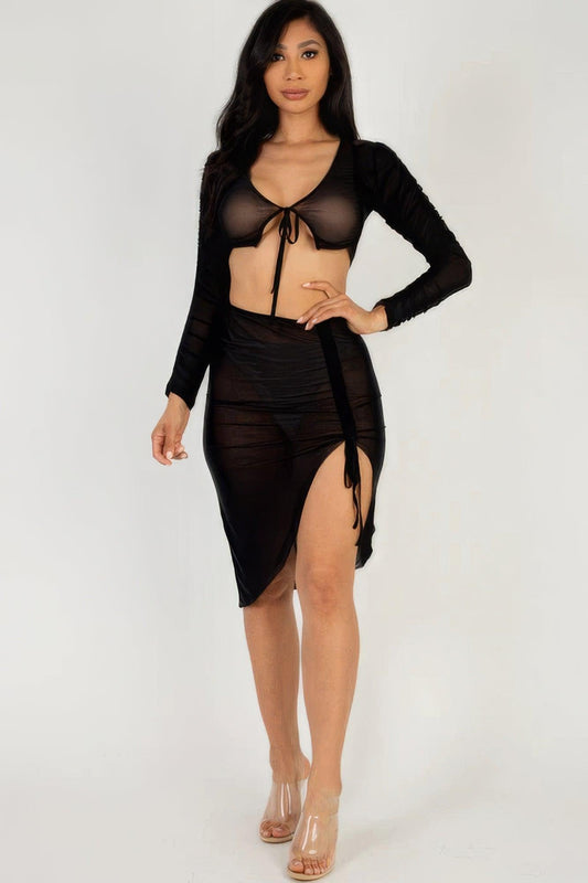 Sexy Sheer Mesh Drawstring Ruched Skirt | Mixtshop LLC