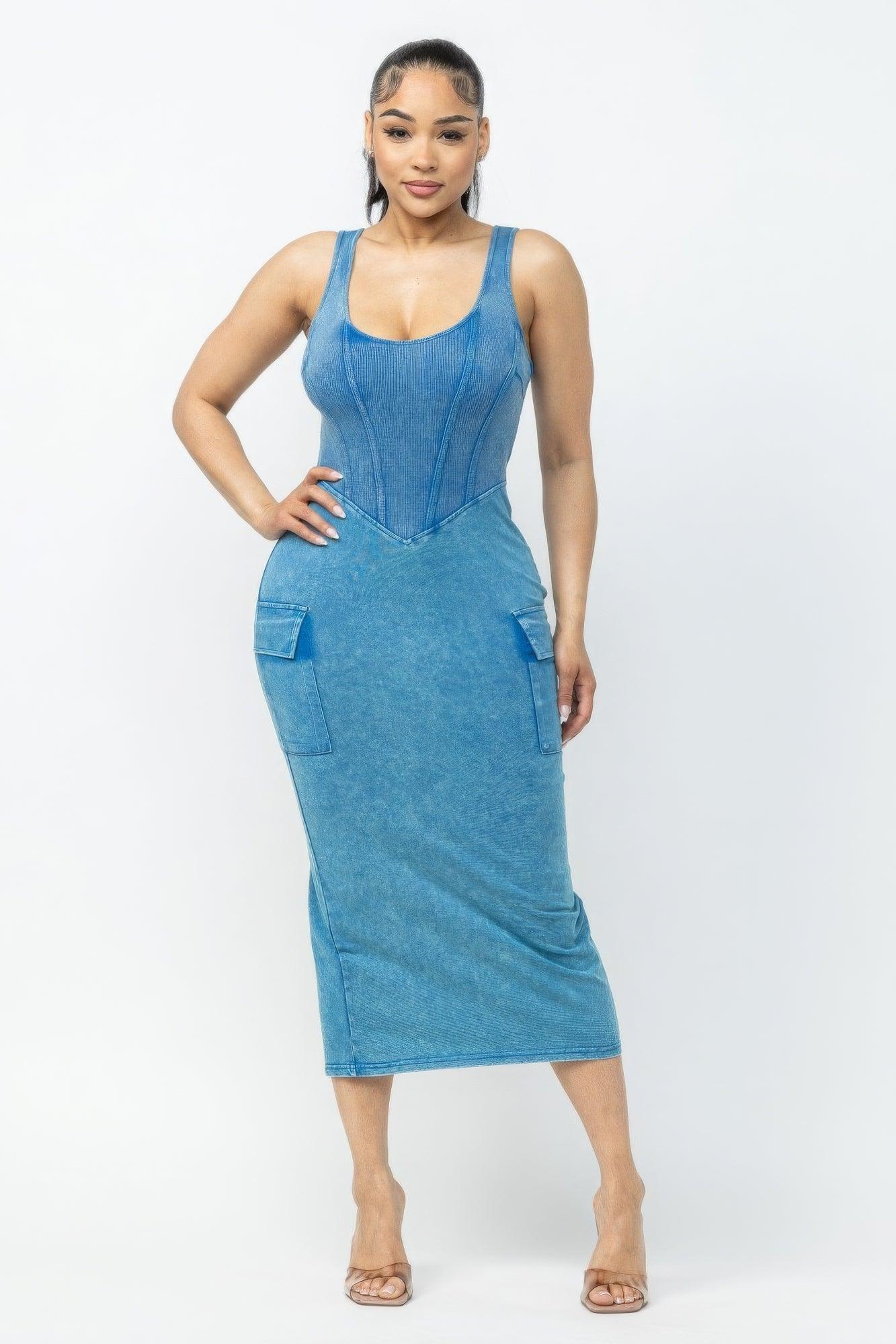 Acid Washed Cargo Midi Dress | Mixtshop LLC Main image