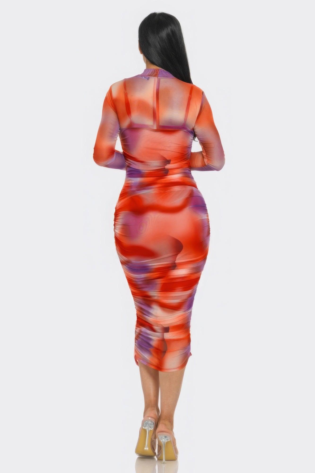 Summer Heat Print Mesh Ruched Midi Dress | Mixtshop LLC
