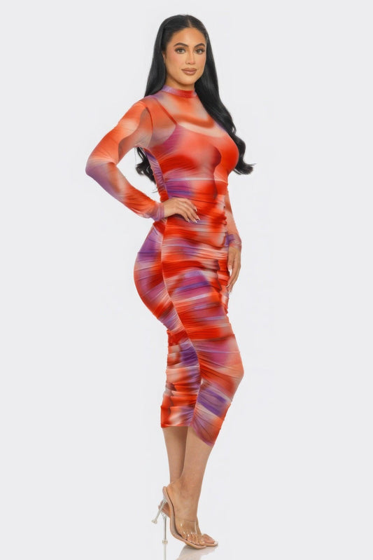 Summer Heat Print Mesh Ruched Midi Dress | Mixtshop LLC
