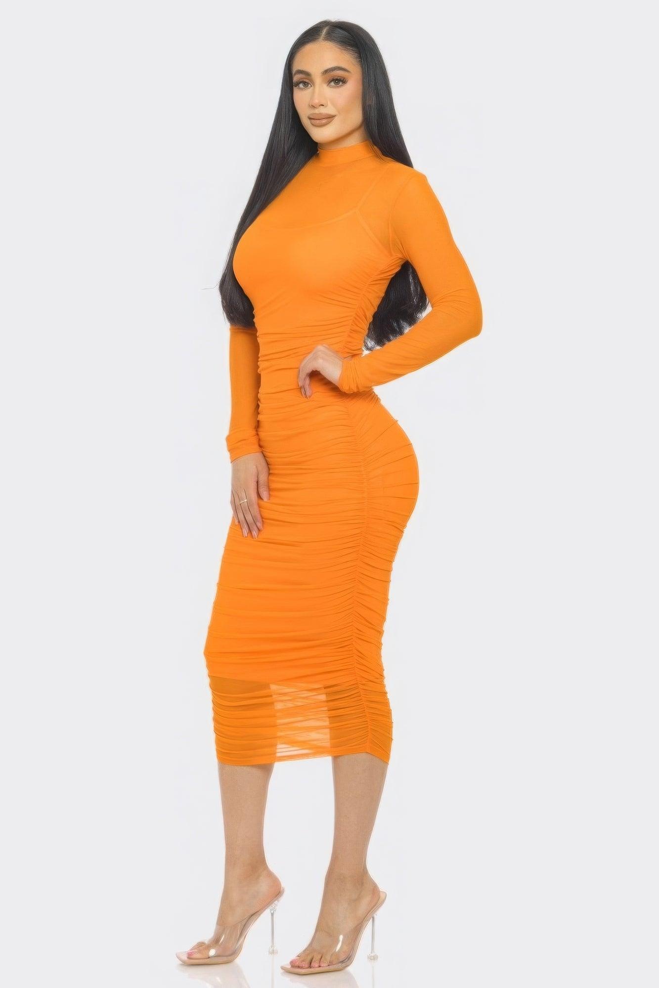 Solid Mesh Ruched Midi Dress | Mixtshop LLC