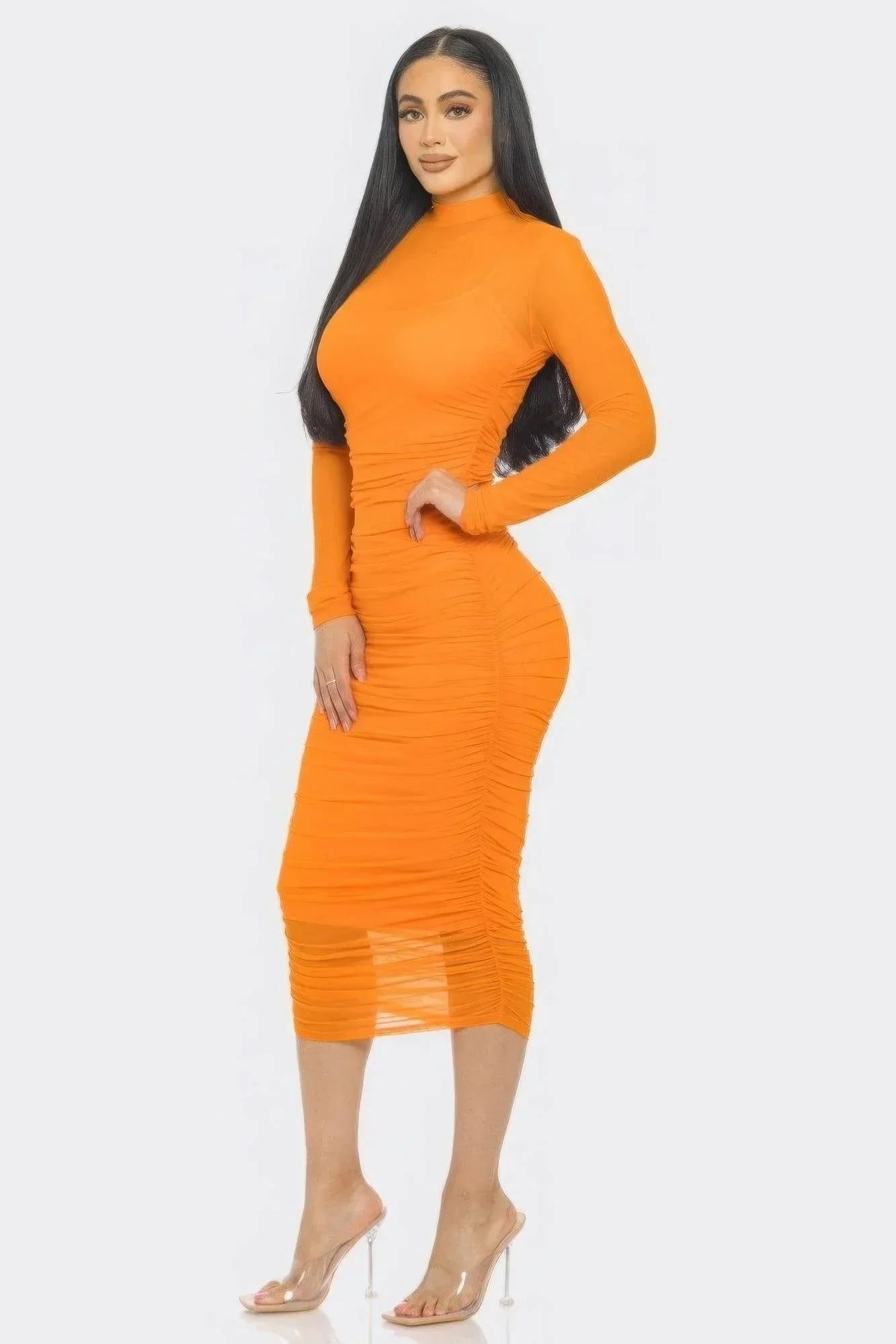 Solid Mesh Ruched Midi Dress Secondary image