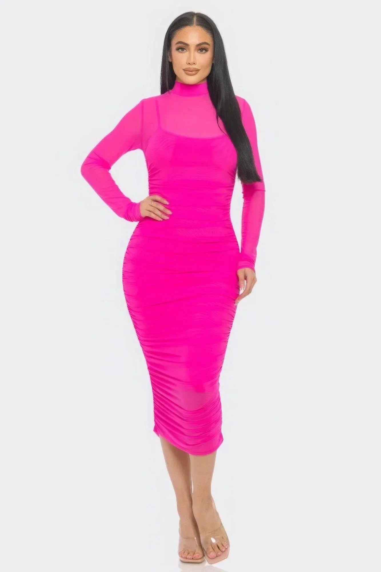 Solid Mesh Ruched Midi Dress | Mixtshop LLC Main image