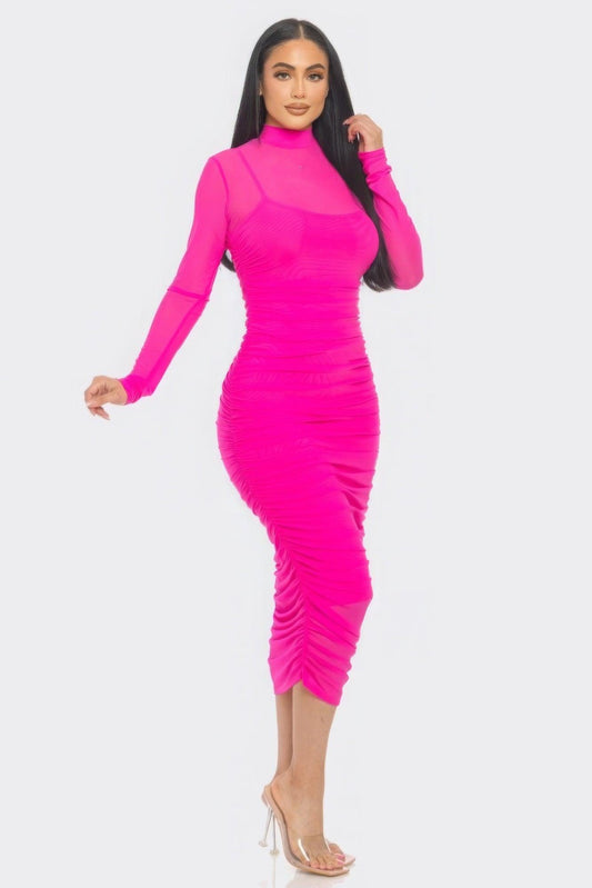 Solid Mesh Ruched Midi Dress | Mixtshop LLC