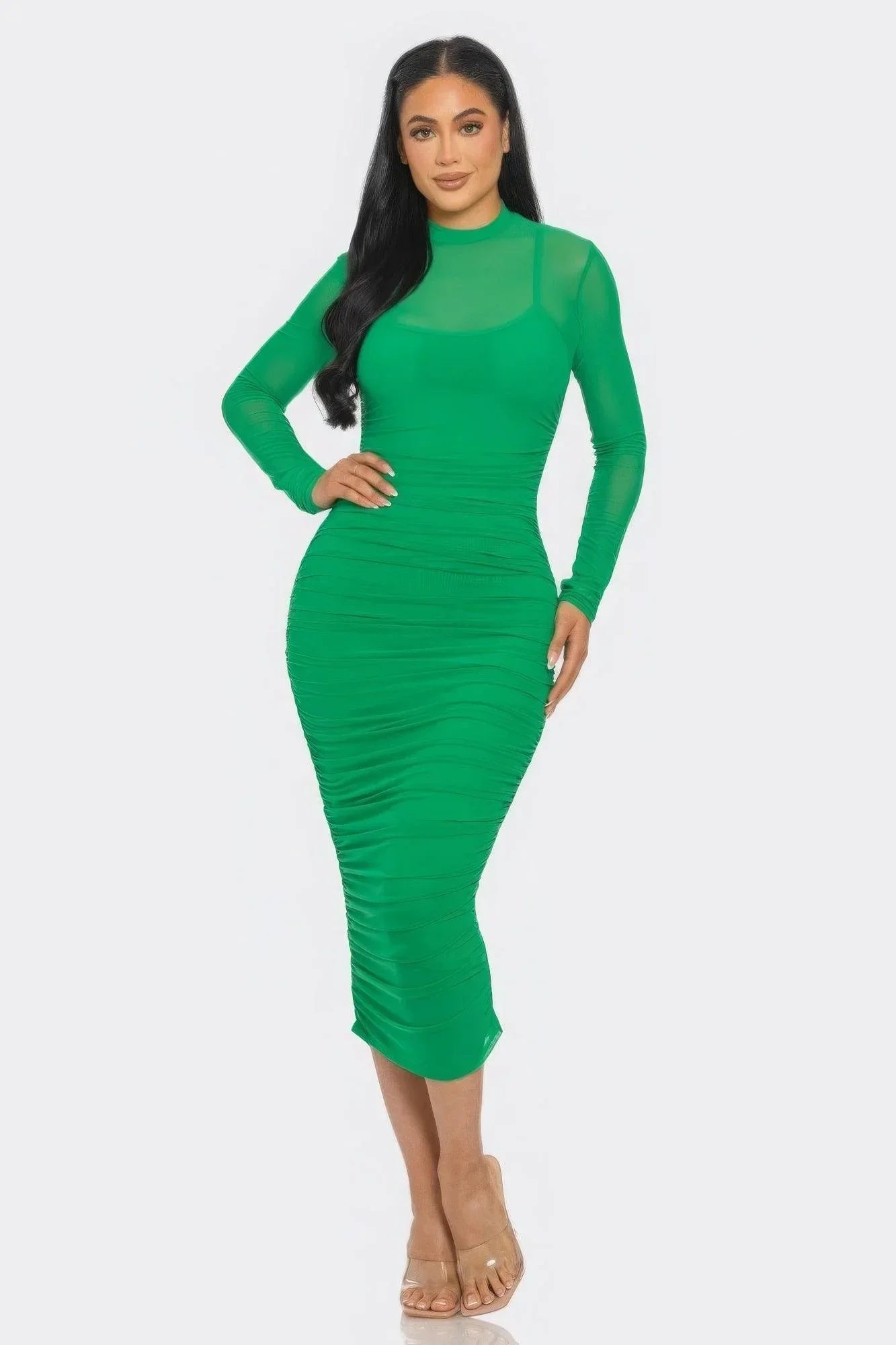 Solid Mesh Ruched Midi Dress | Mixtshop LLC Main image