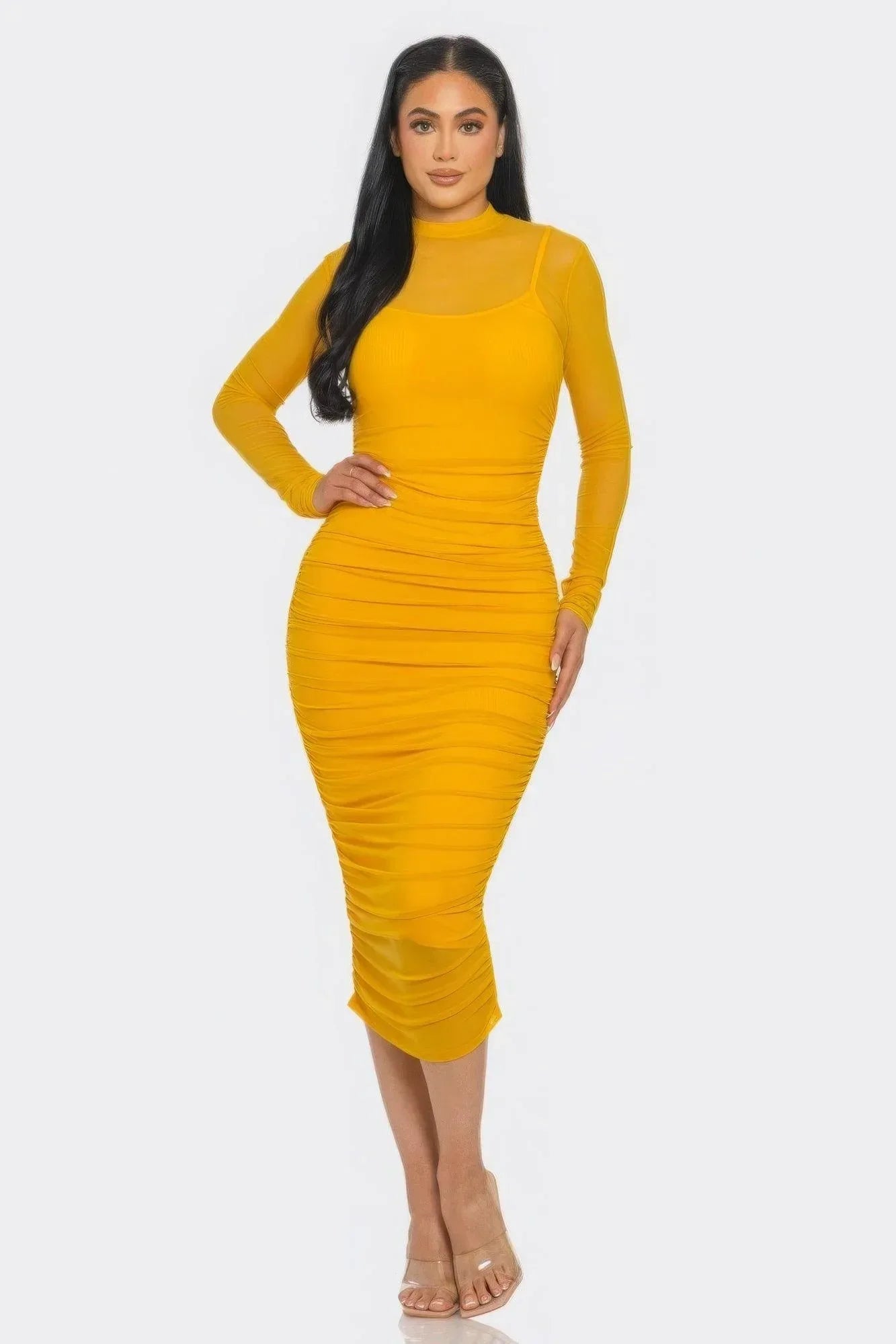 Solid Mesh Ruched Midi Dress | Mixtshop LLC Main image