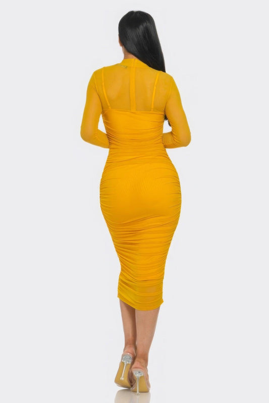 Solid Mesh Ruched Midi Dress | Mixtshop LLC