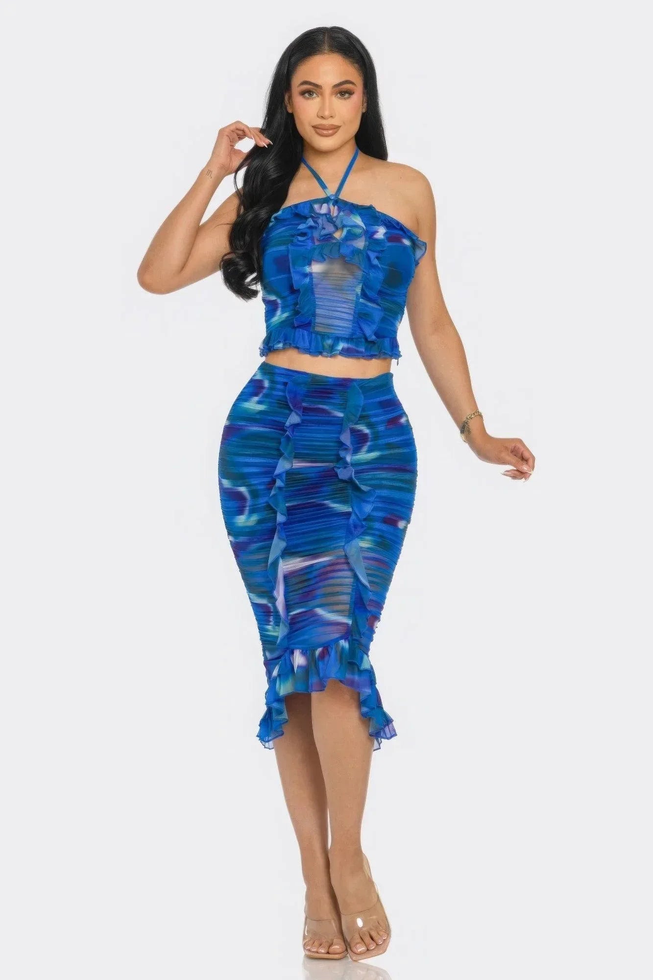 Tropical Waters Print Mesh Ruffle Halter Skirt Set | Mixtshop LLC