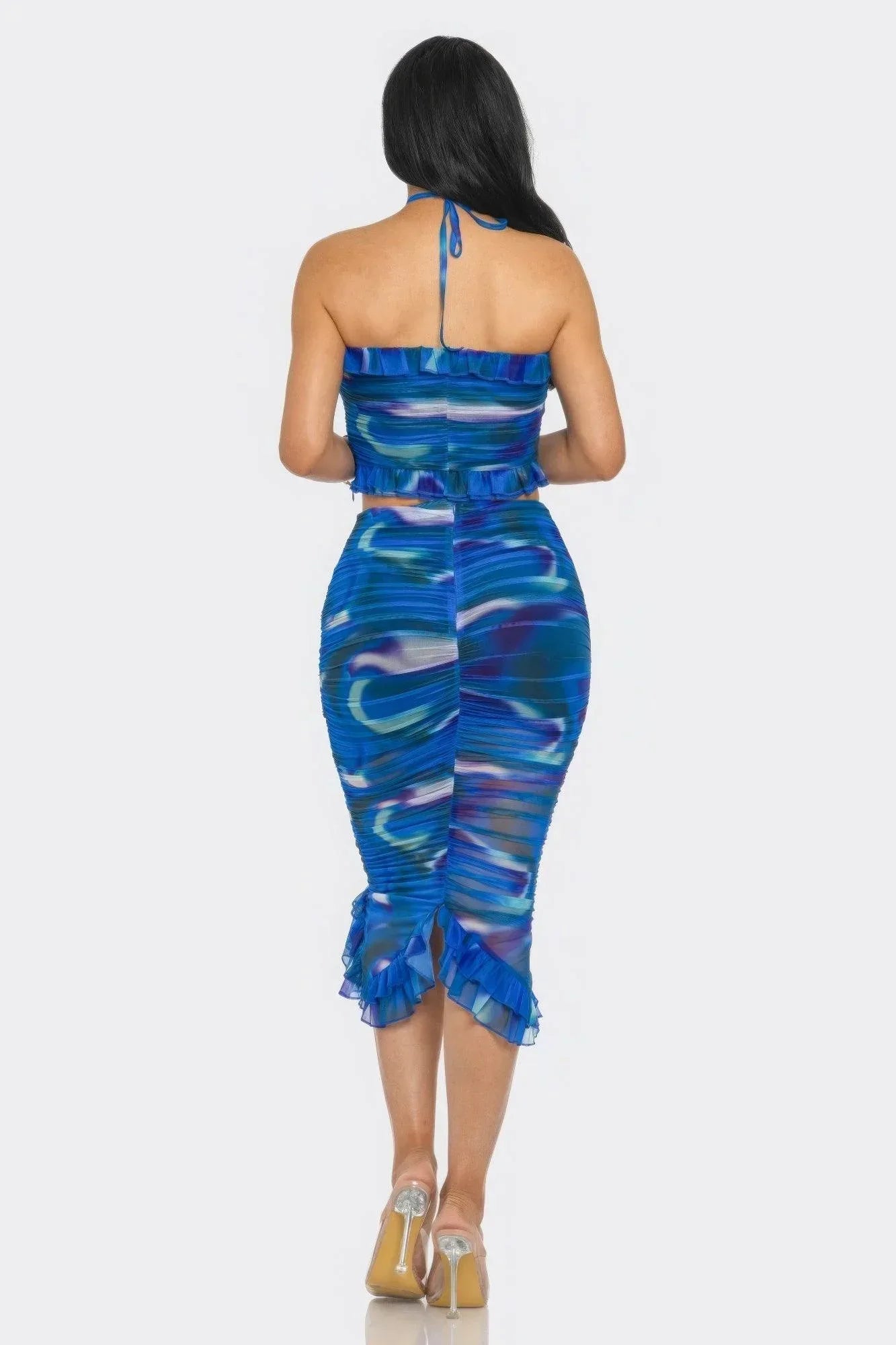 Tropical Waters Print Mesh Ruffle Halter Skirt Set | Mixtshop LLC