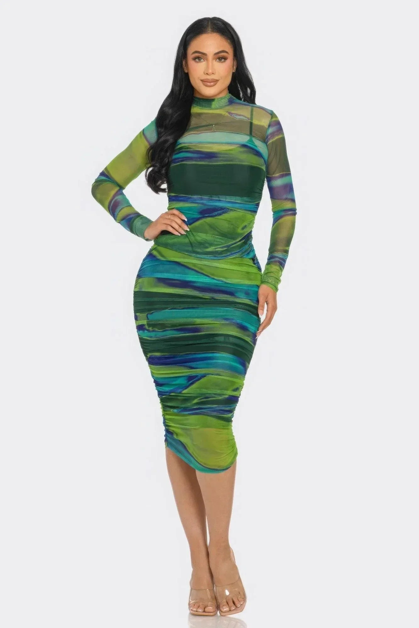 Glitch Print Mesh Ruched Midi Dress | Mixtshop LLC Main image