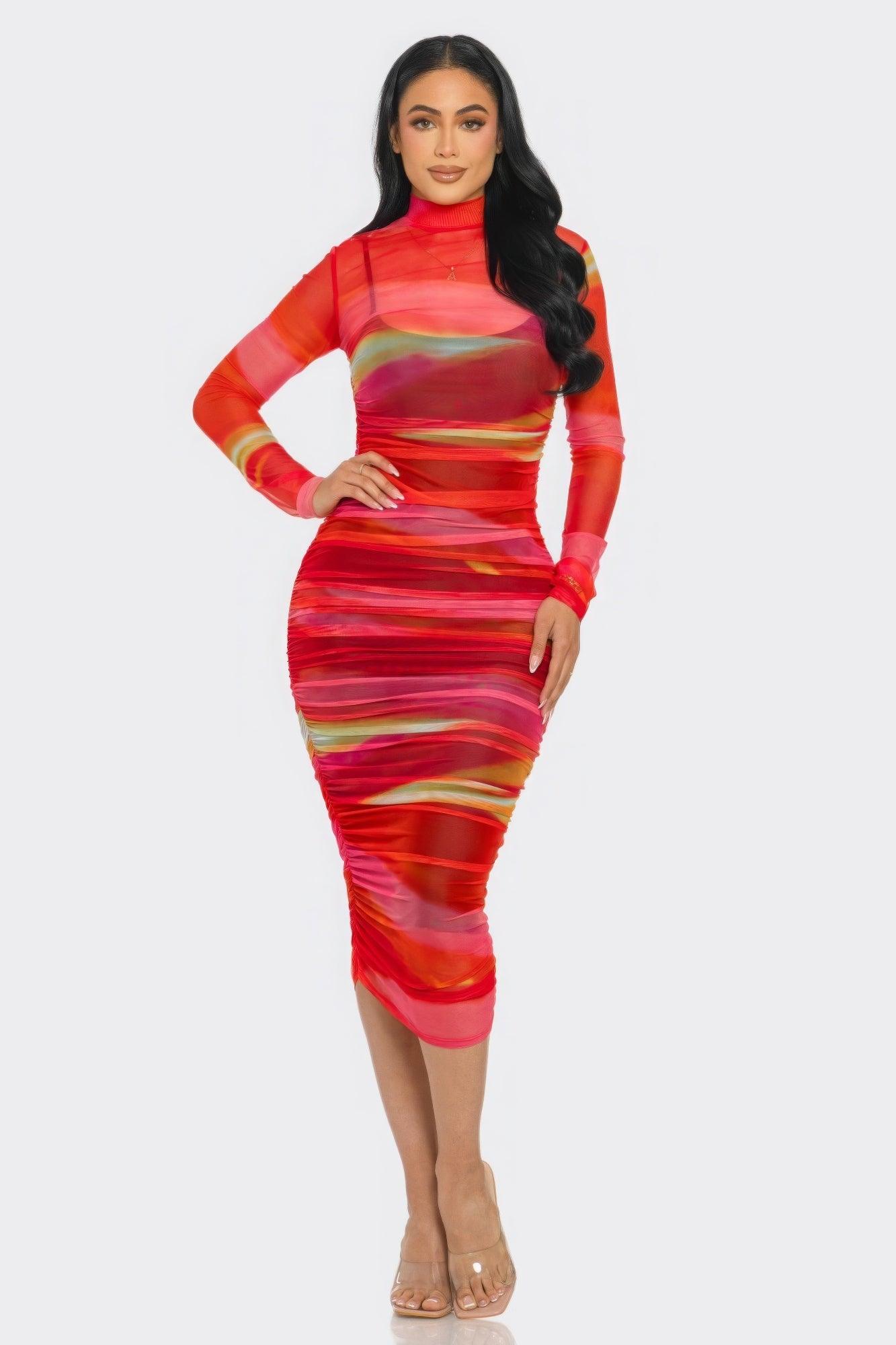 Glitch Print Mesh Ruched Midi Dress | Mixtshop LLC