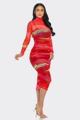 Glitch Print Mesh Ruched Midi Dress | Mixtshop LLC