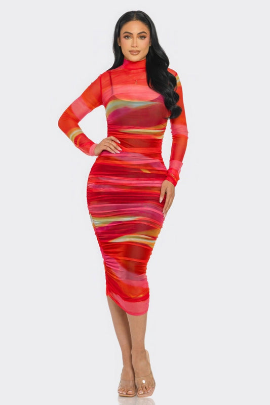 Glitch Print Mesh Ruched Midi Dress | Mixtshop LLC