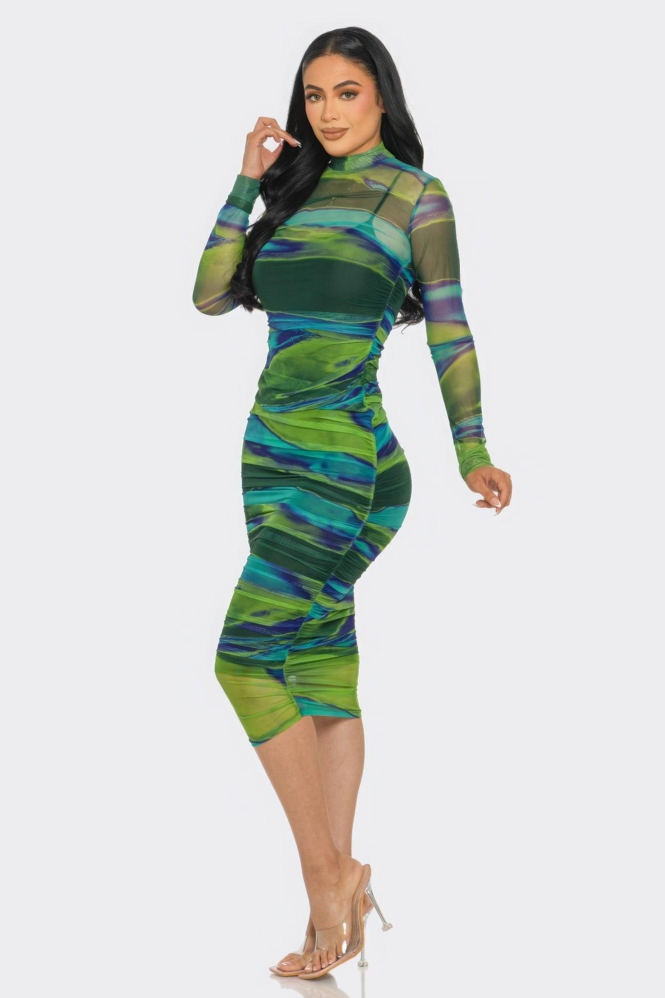 Glitch Print Mesh Ruched Midi Dress | Mixtshop LLC