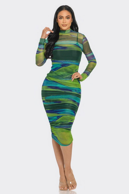 Glitch Print Mesh Ruched Midi Dress | Mixtshop LLC