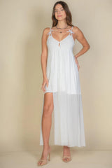 Plunge Neck Split Thigh Mesh Maxi Dress | Mixtshop LLC