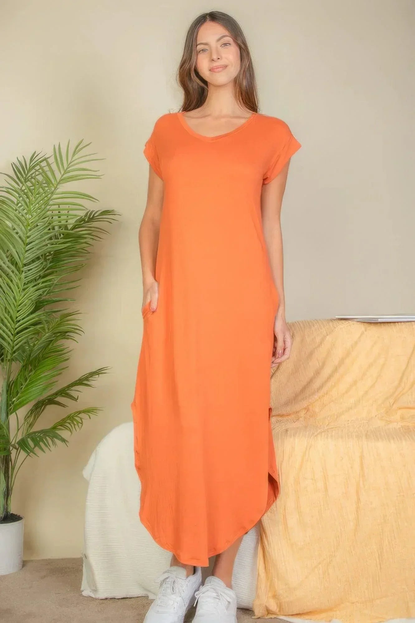 Hidden Pocket Batwing Sleeve V Neck Long Dress | Mixtshop LLC Main image