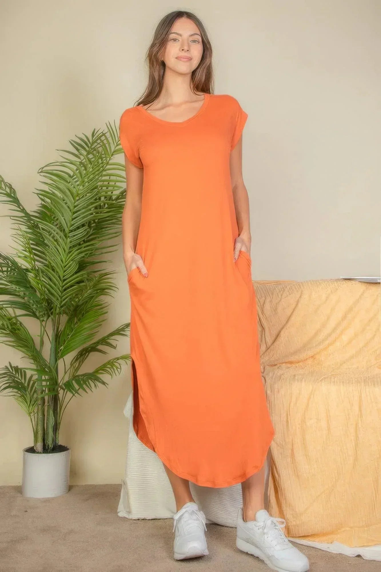 Hidden Pocket Batwing Sleeve V Neck Long Dress Secondary image