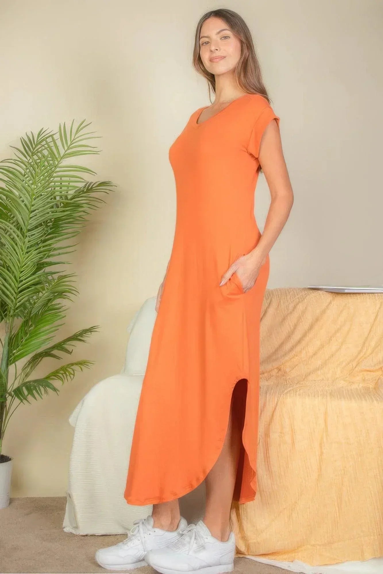 Hidden Pocket Batwing Sleeve V Neck Long Dress | Mixtshop LLC