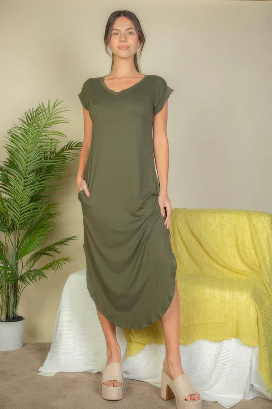 Hidden Pocket Batwing Sleeve V Neck Long Dress | Mixtshop LLC