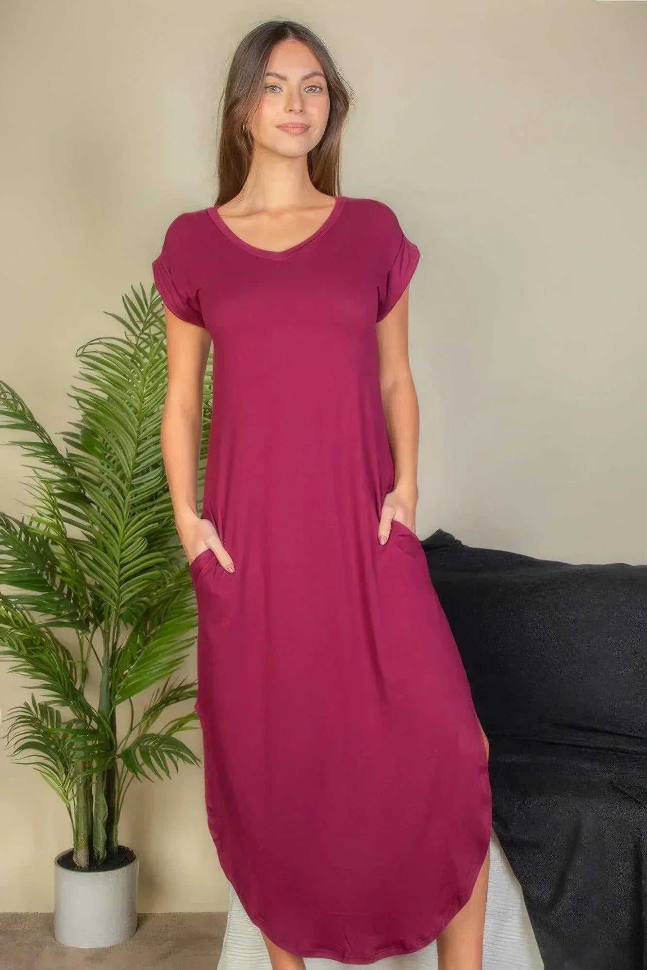 Hidden Pocket Batwing Sleeve V Neck Long Dress Secondary image
