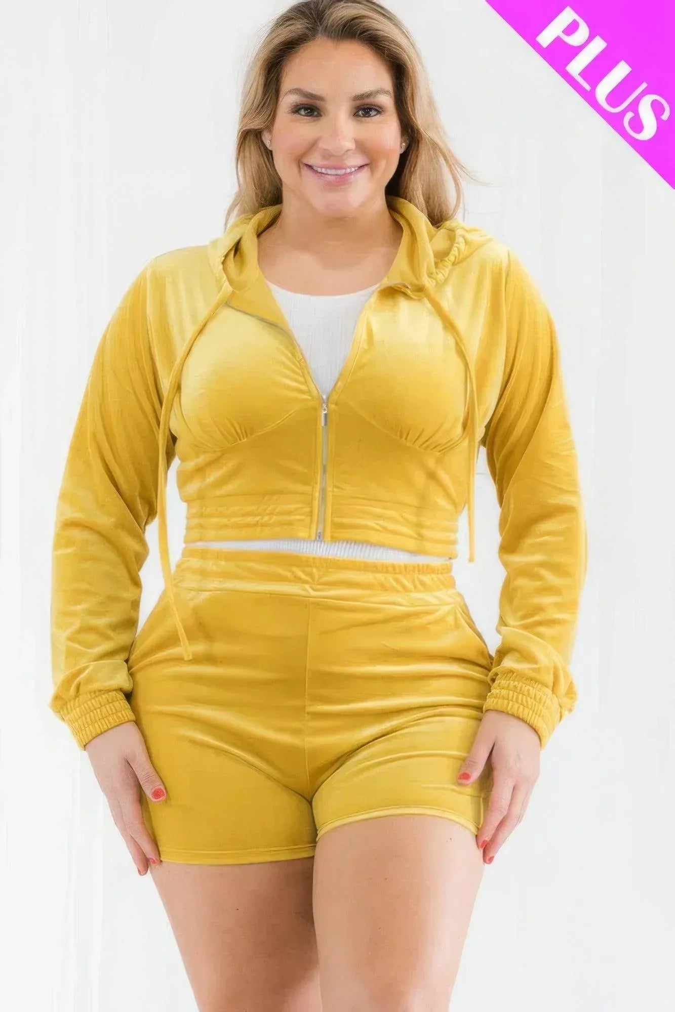 Plus Size Velour Crop Zip Up Hoodie And Shorts Set | Mixtshop LLC Main image
