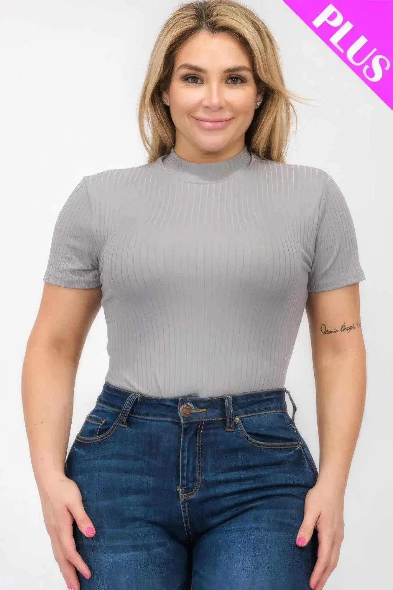 Plus Size Ribbed Short Sleeve Bodysuit | Mixtshop LLC Main image