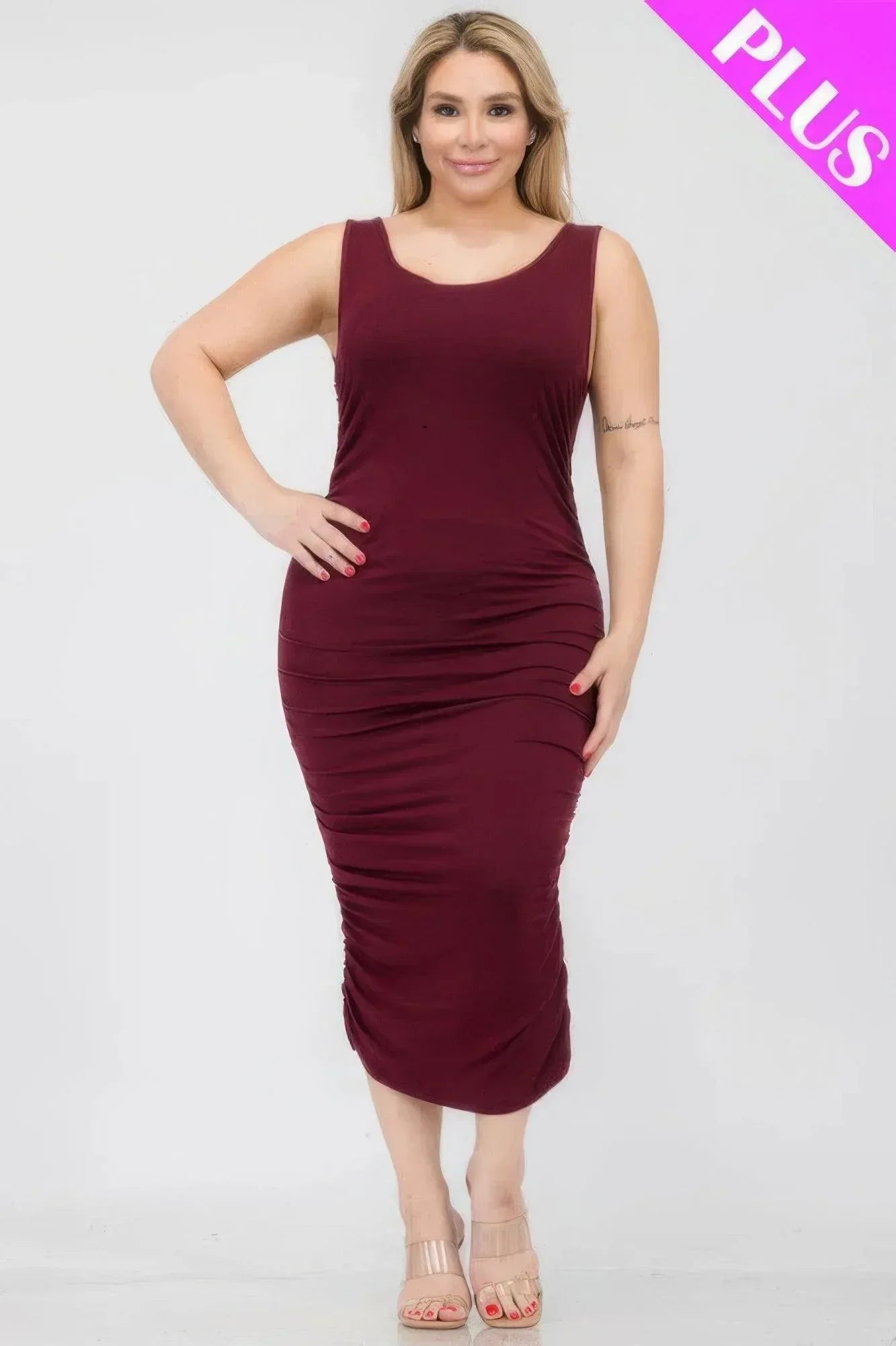 Plus Size Square Neck Ruched Bodycon Midi Dress | Mixtshop LLC Main image