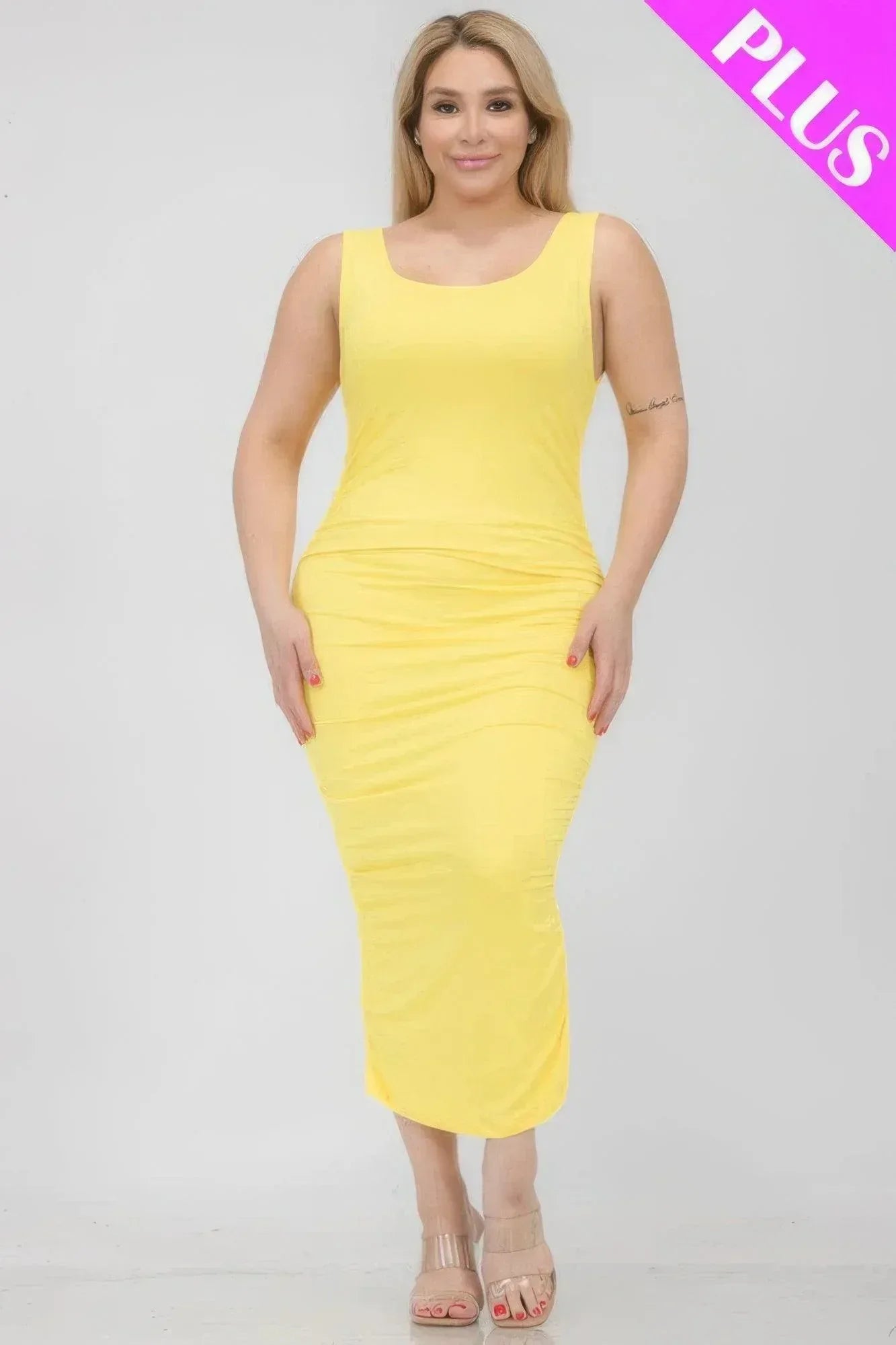 Plus Size Square Neck Ruched Bodycon Midi Dress | Mixtshop LLC Main image