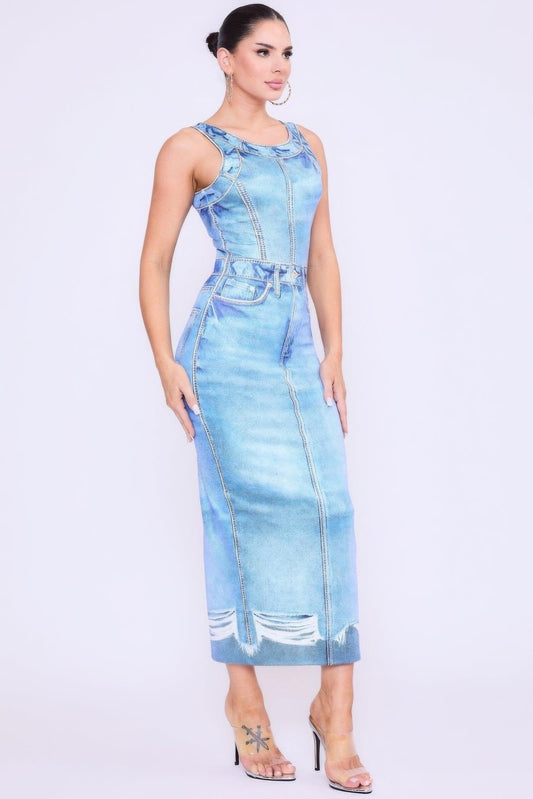 Denim Print Midi Dress | Mixtshop LLC