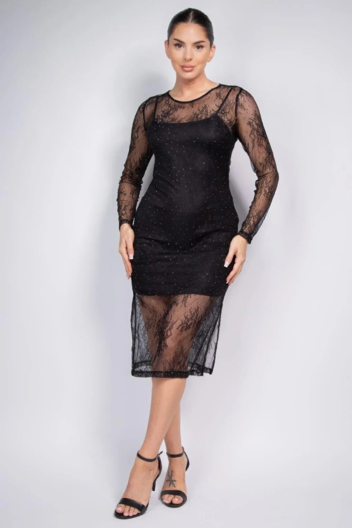 Lace Rhinestone-studded Slit Midi Dress | Mixtshop LLC Main image