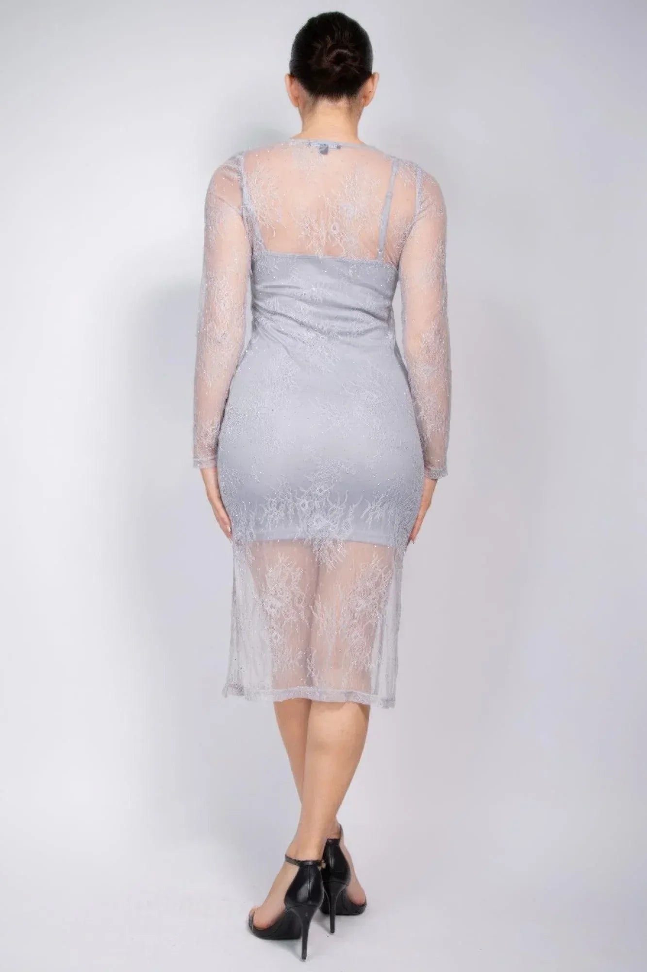 Lace Rhinestone-studded Slit Midi Dress | Mixtshop LLC