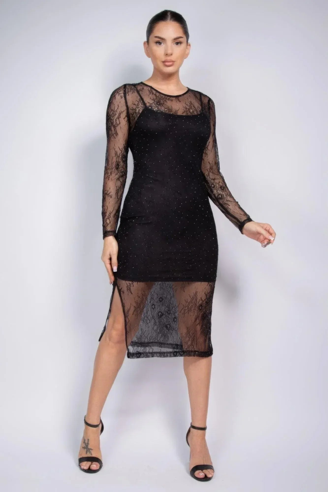 Lace Rhinestone-studded Slit Midi Dress Secondary image